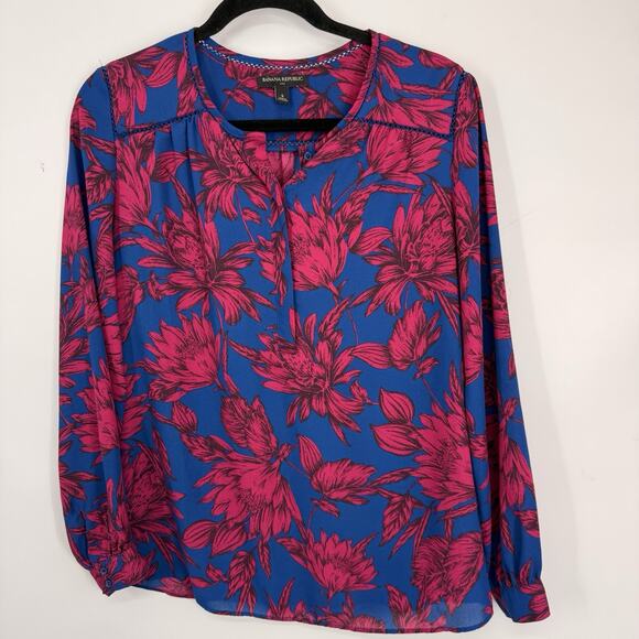 Banana Republic Chiffon 3/4 Sleeve Top Wom size Small Blue Pink Floral Popover - Picture 2 of 11